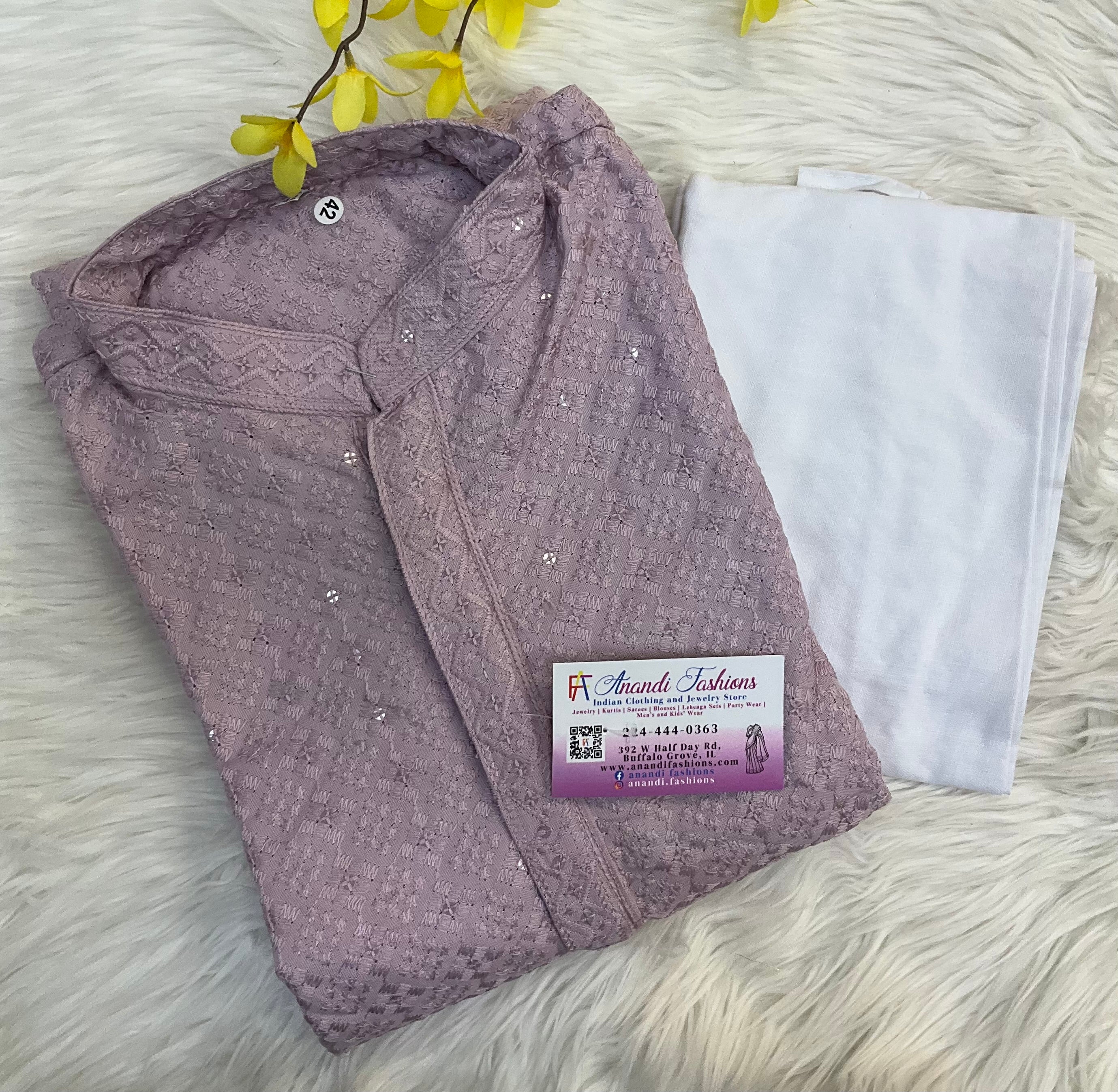 Size 42-Lavender Color Chikankari Men’s Kurta set