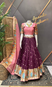 Wine & Baby Pink Silk Kota Half Saree set