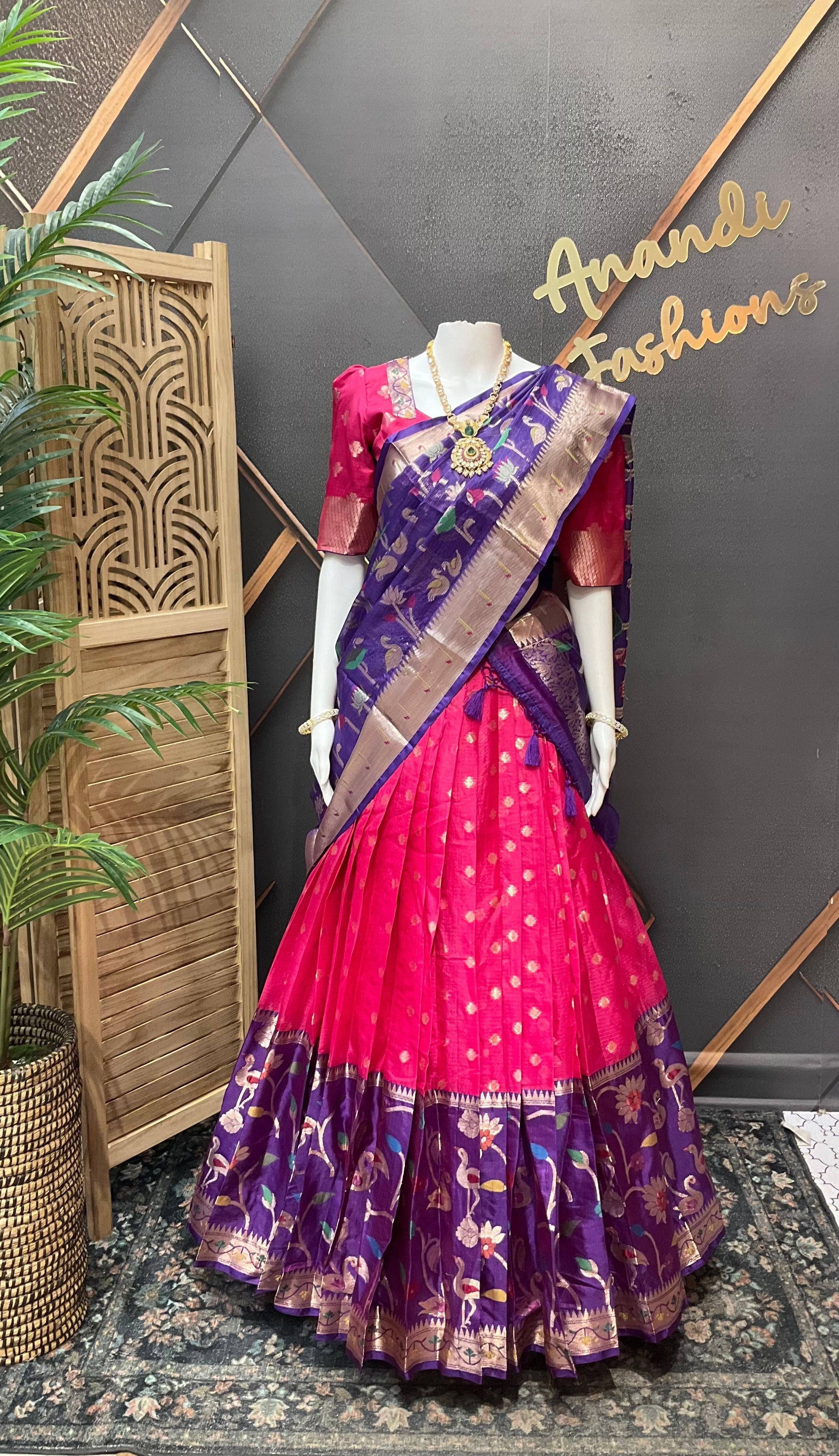 Pink & Purple Silk Kota Half Saree set