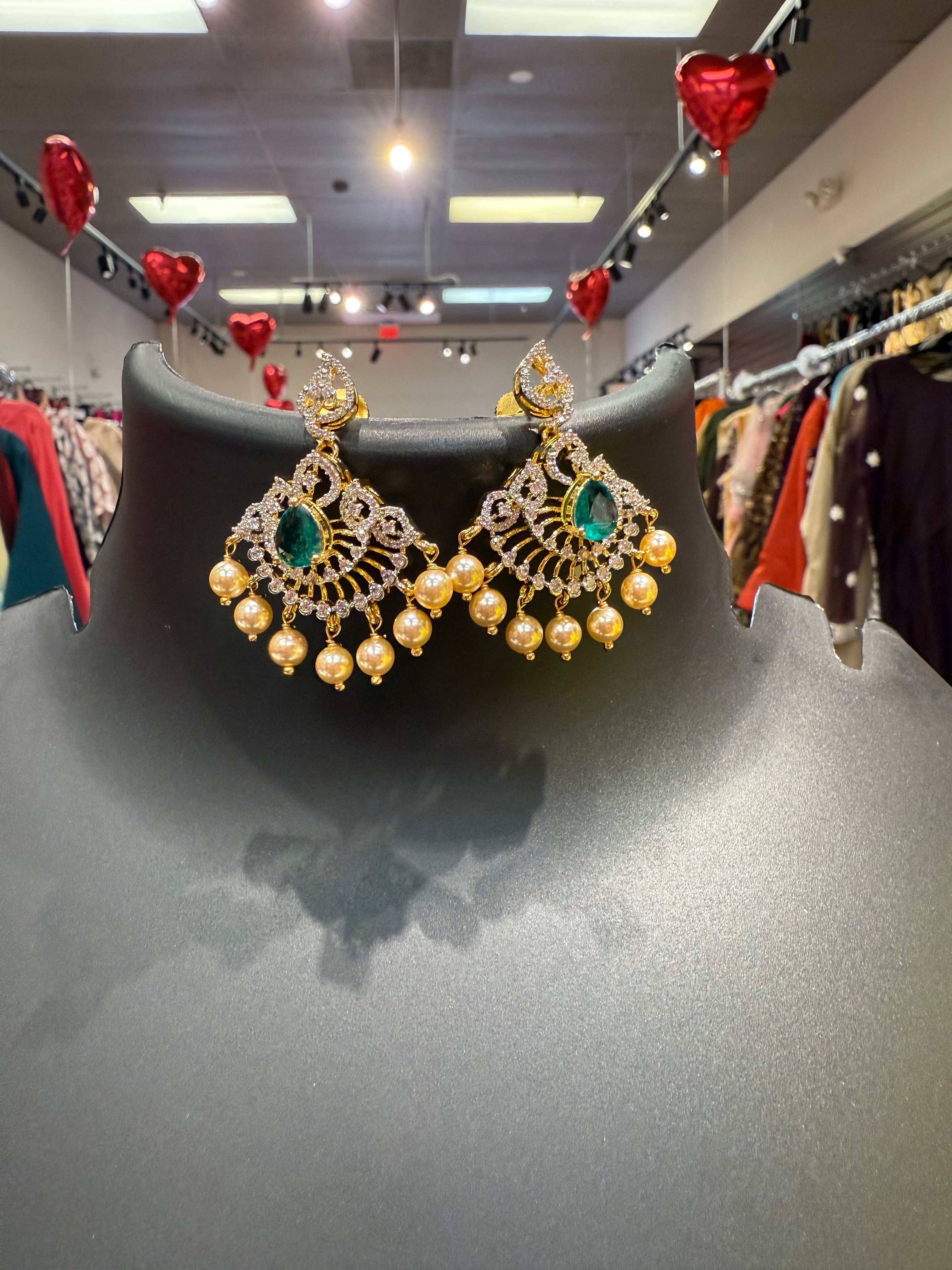 CZ Party Wear Necklace set with Emerald Stone