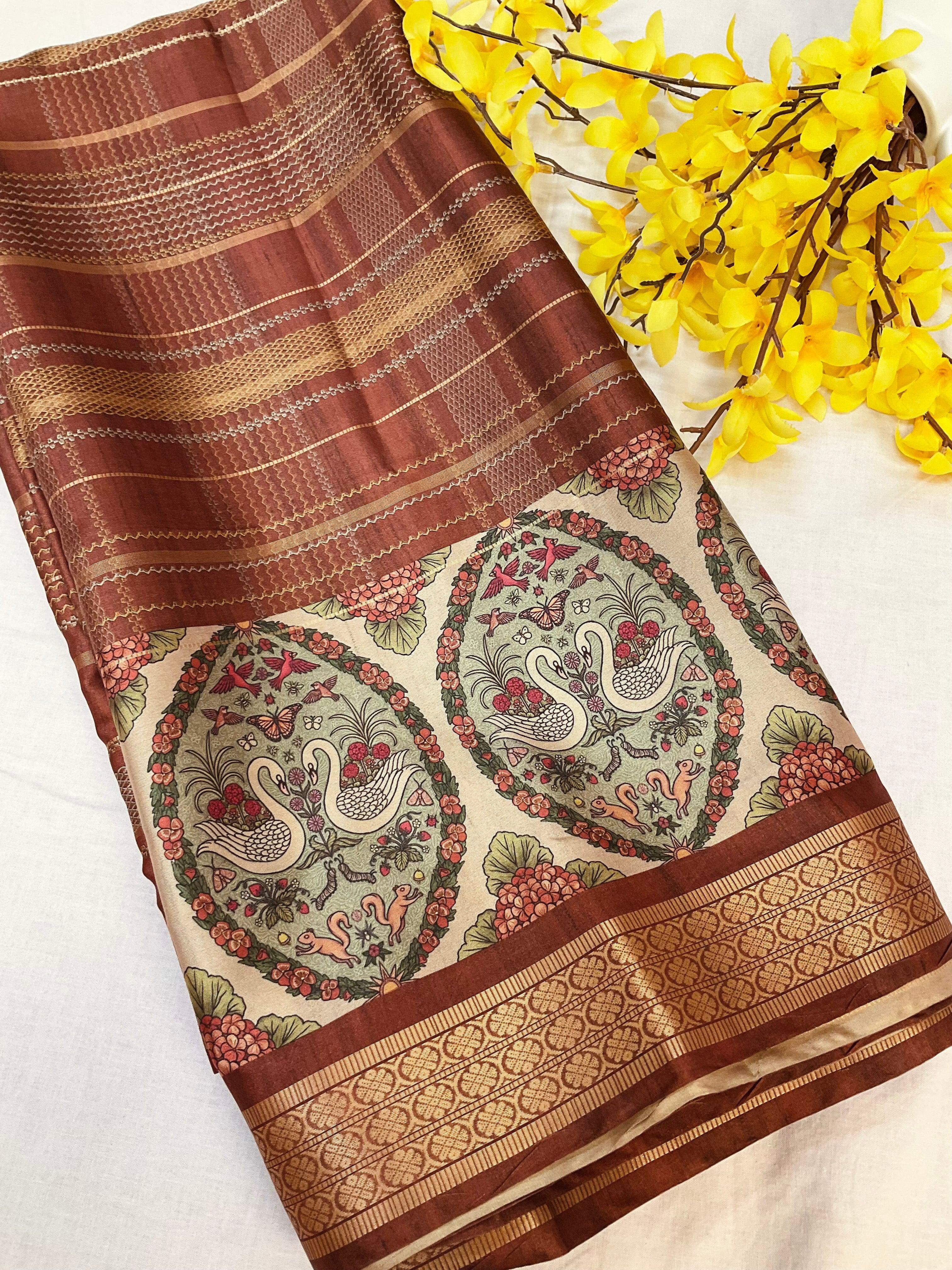 Light Weight Fancy Silk Saree with Animal Design Border