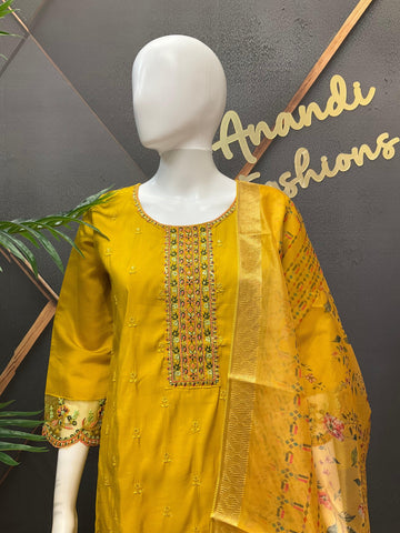 Mustard Yellow Party Wear Kurti Set - Roman Silk with Digital Print Dupatta