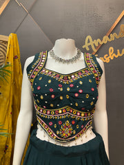 Teal Blue Garba Silk Chaniya Choli with Mirrors