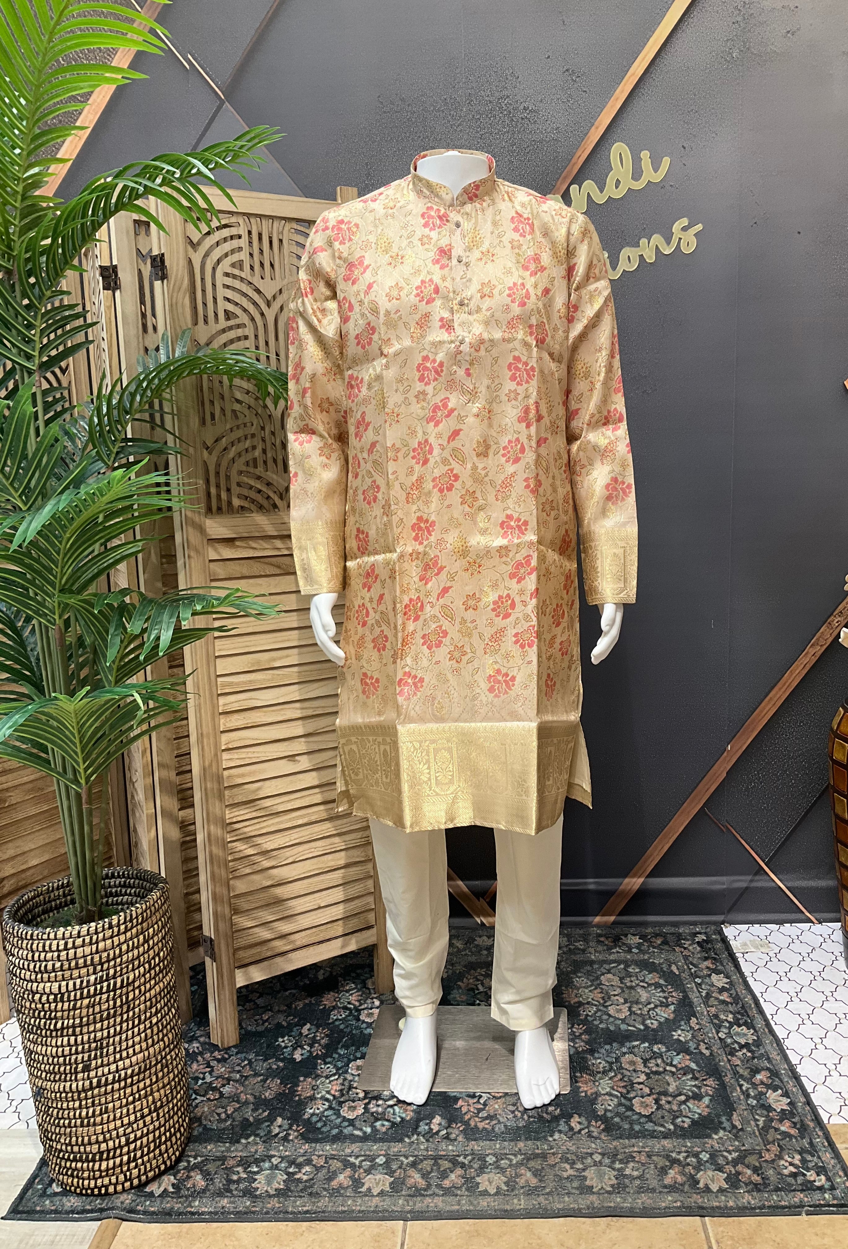 Gold Color - Floral Silk Mens Wear kurta set