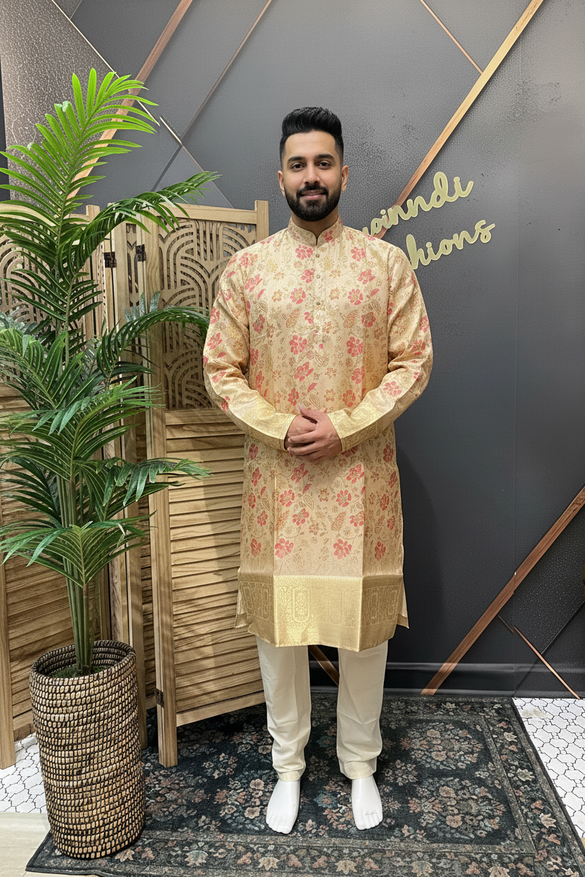 Gold Color - Floral Silk Mens Wear kurta set