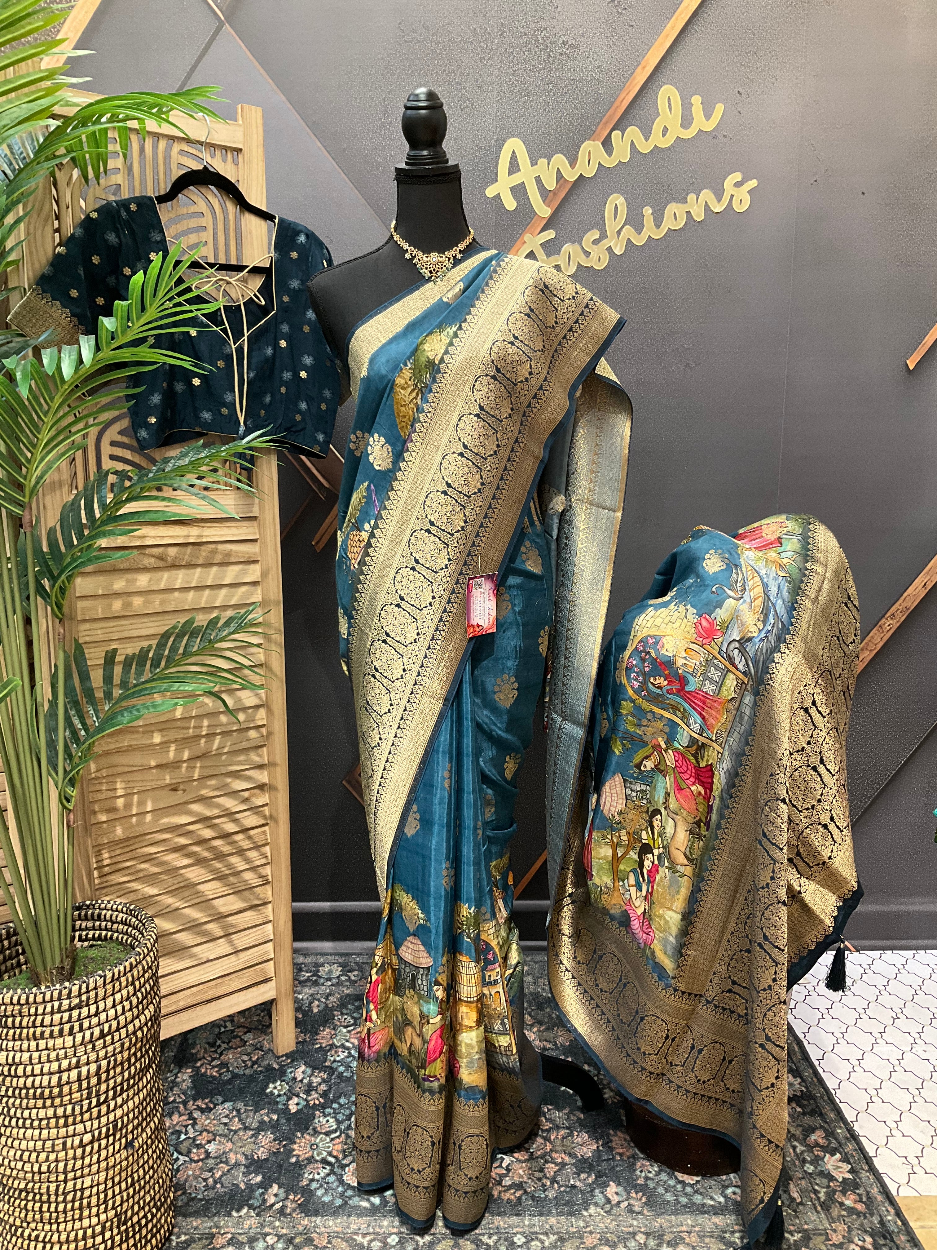 Teal blue Russian Silk saree with stitched blouse and fall pico done