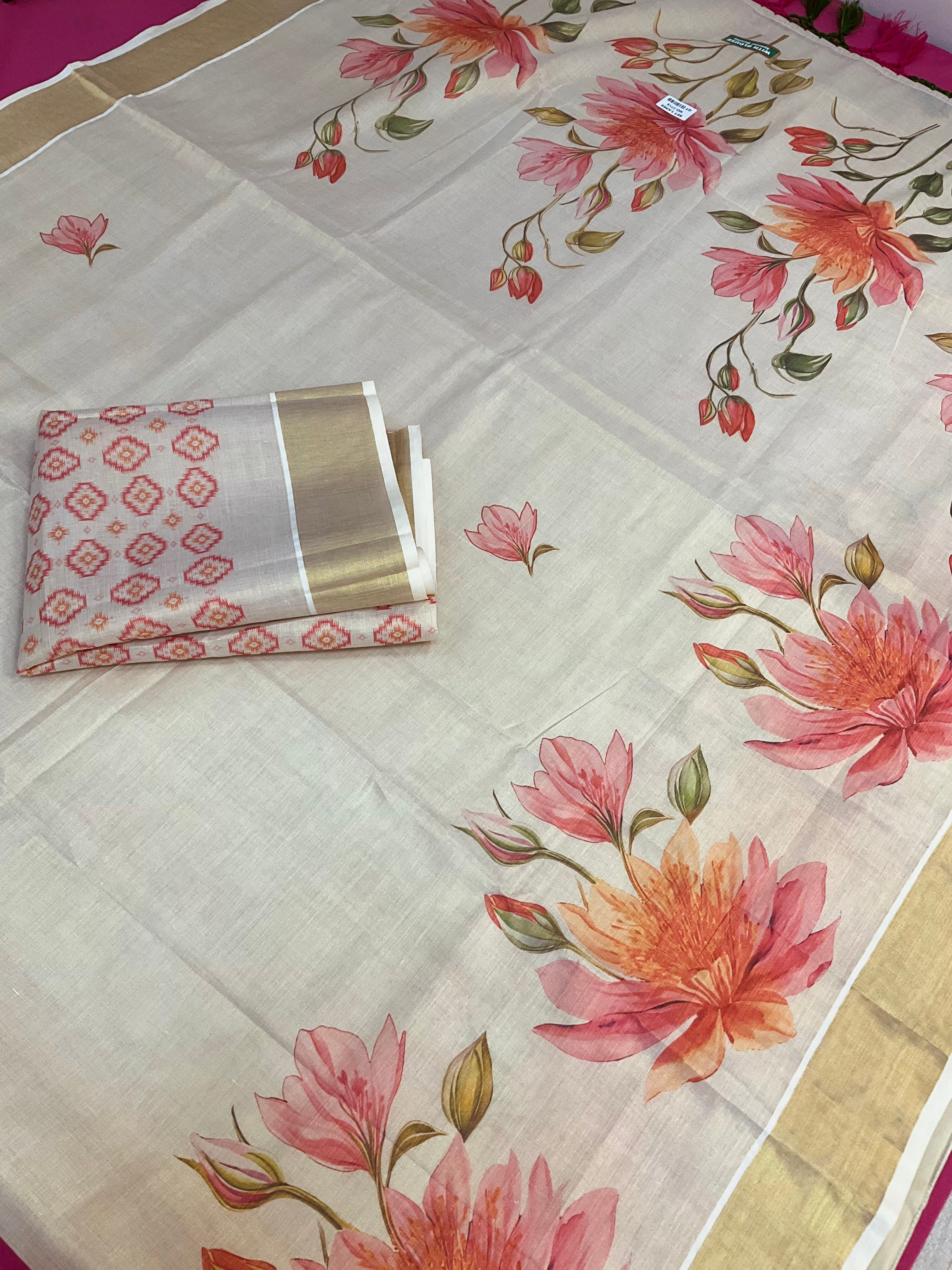 Kerala Set Saree with Floral Digital Print