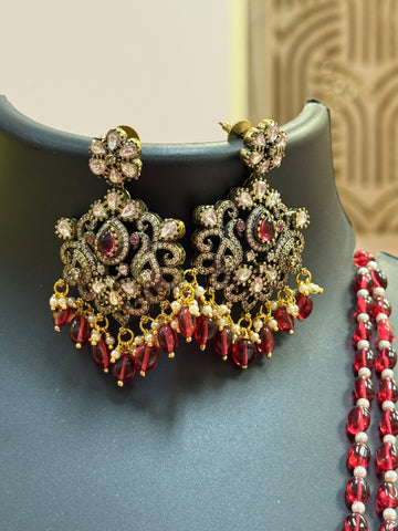 Maroon Monalisa Beads - Victorian Pendant Long Haram/Necklace set