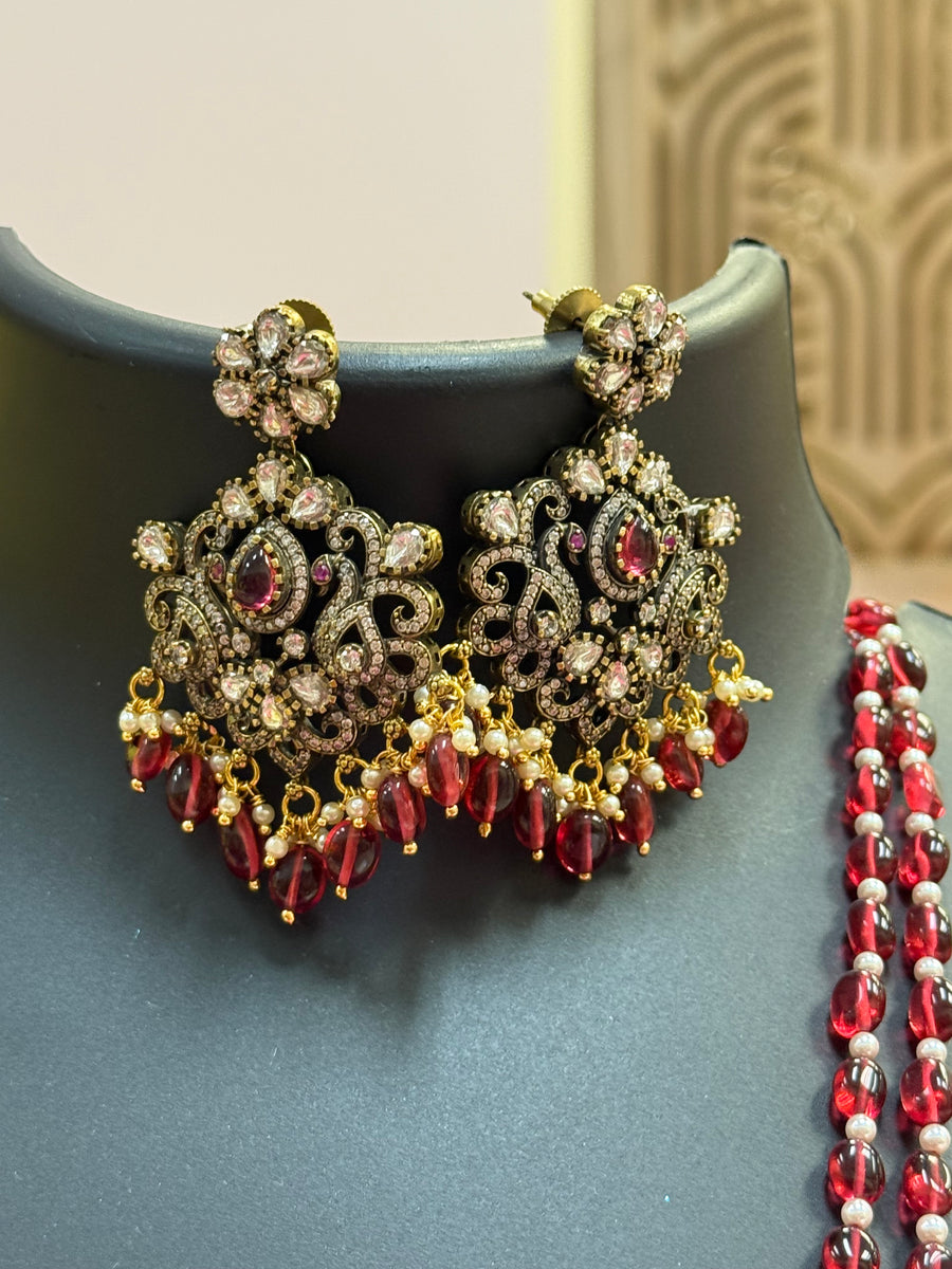Maroon Monalisa Beads - Victorian Pendant Long Haram/Necklace set
