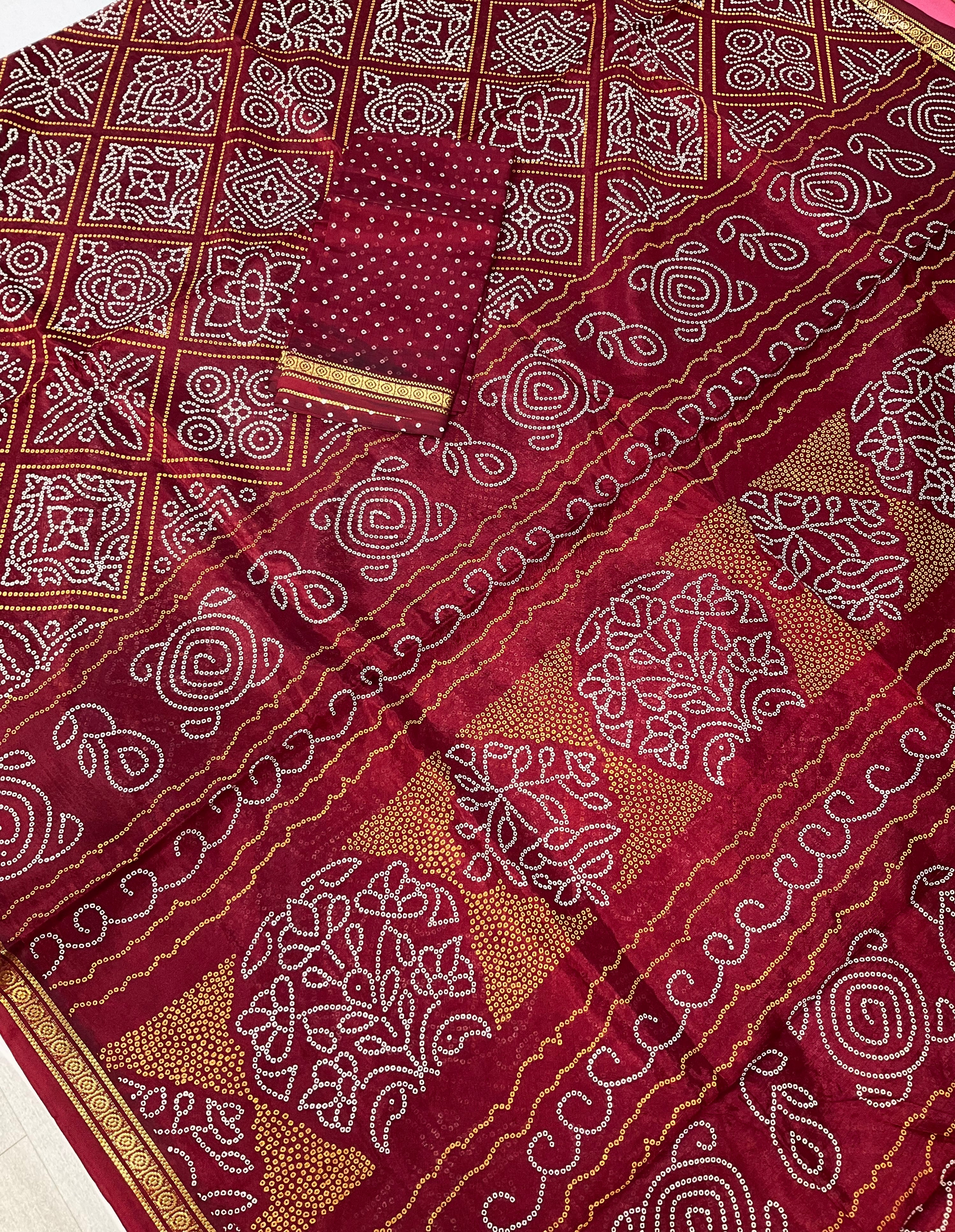 Bandhini print Maroon saree - fall pico done