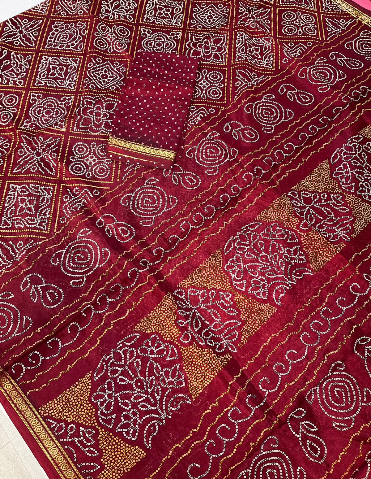 Bandhini print Maroon saree - fall pico done