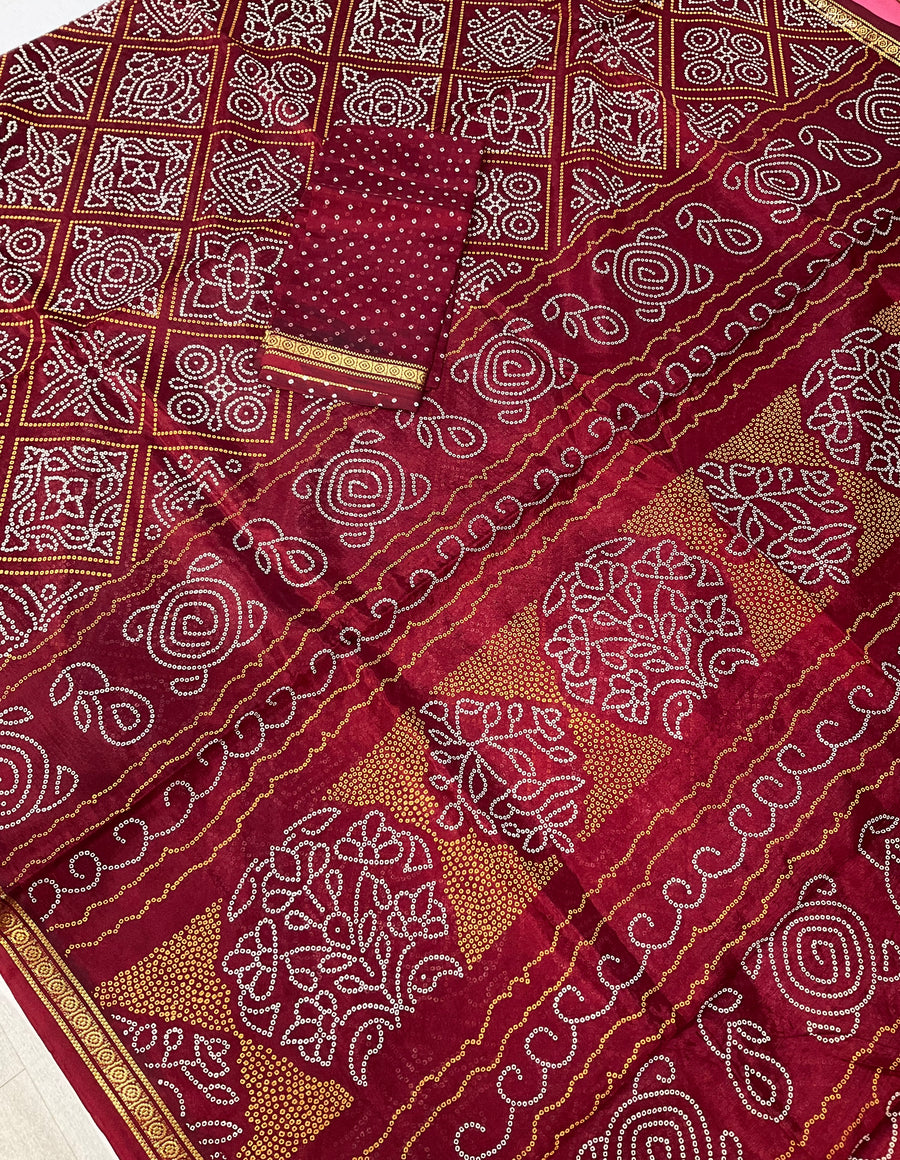 Bandhini Print Maroon Fall Pico Done Saree