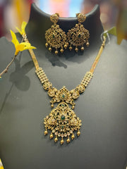Antique Finish Necklace Set with Emerald Stones & AD Pendant