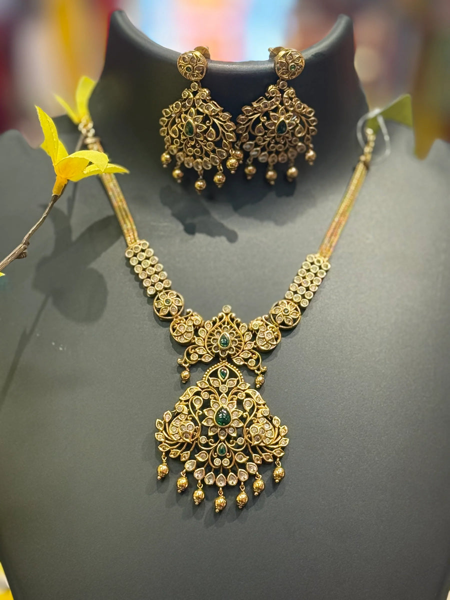 Antique Finish Necklace Set with Emerald Stones & AD Pendant