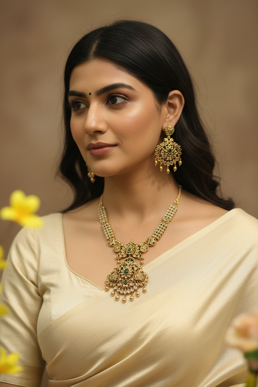 Indian woman in beige saree wearing traditional gold and green gemstone necklace and earrings