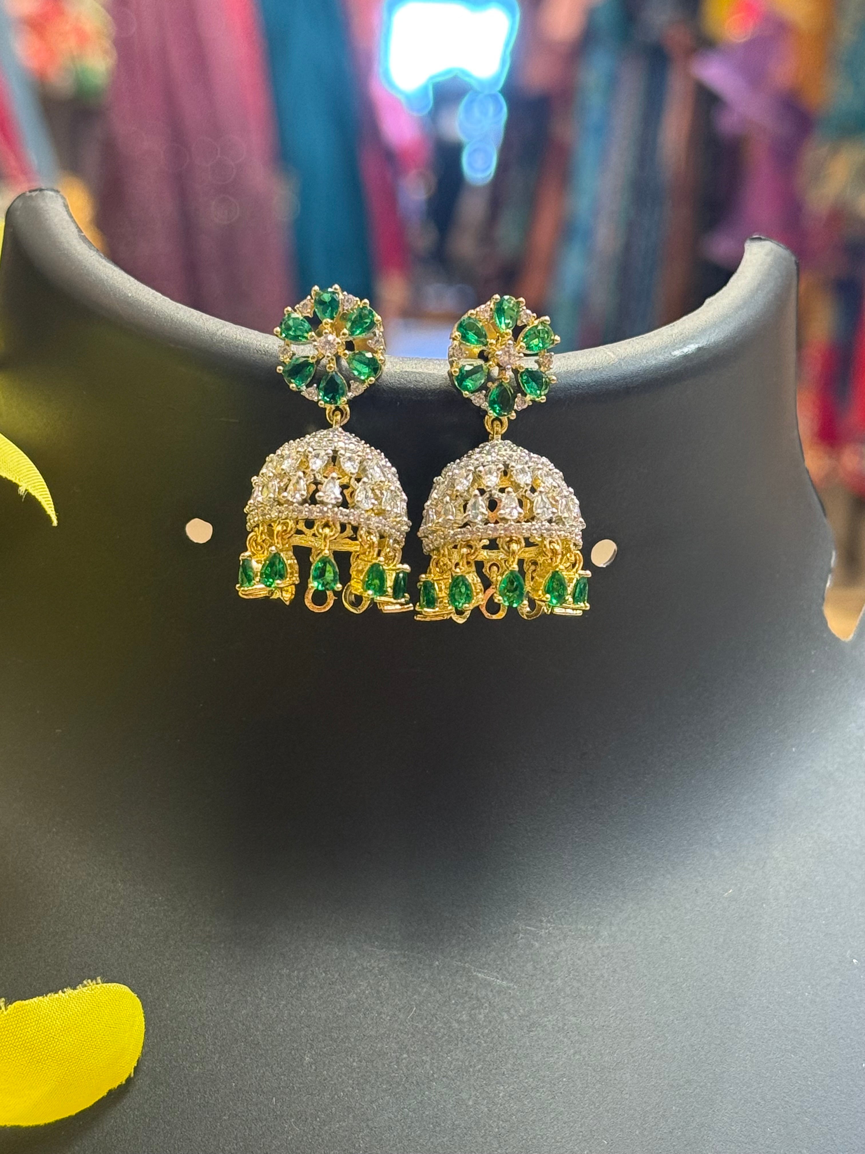 CZ Jhumkas/Earrings with Green Stones