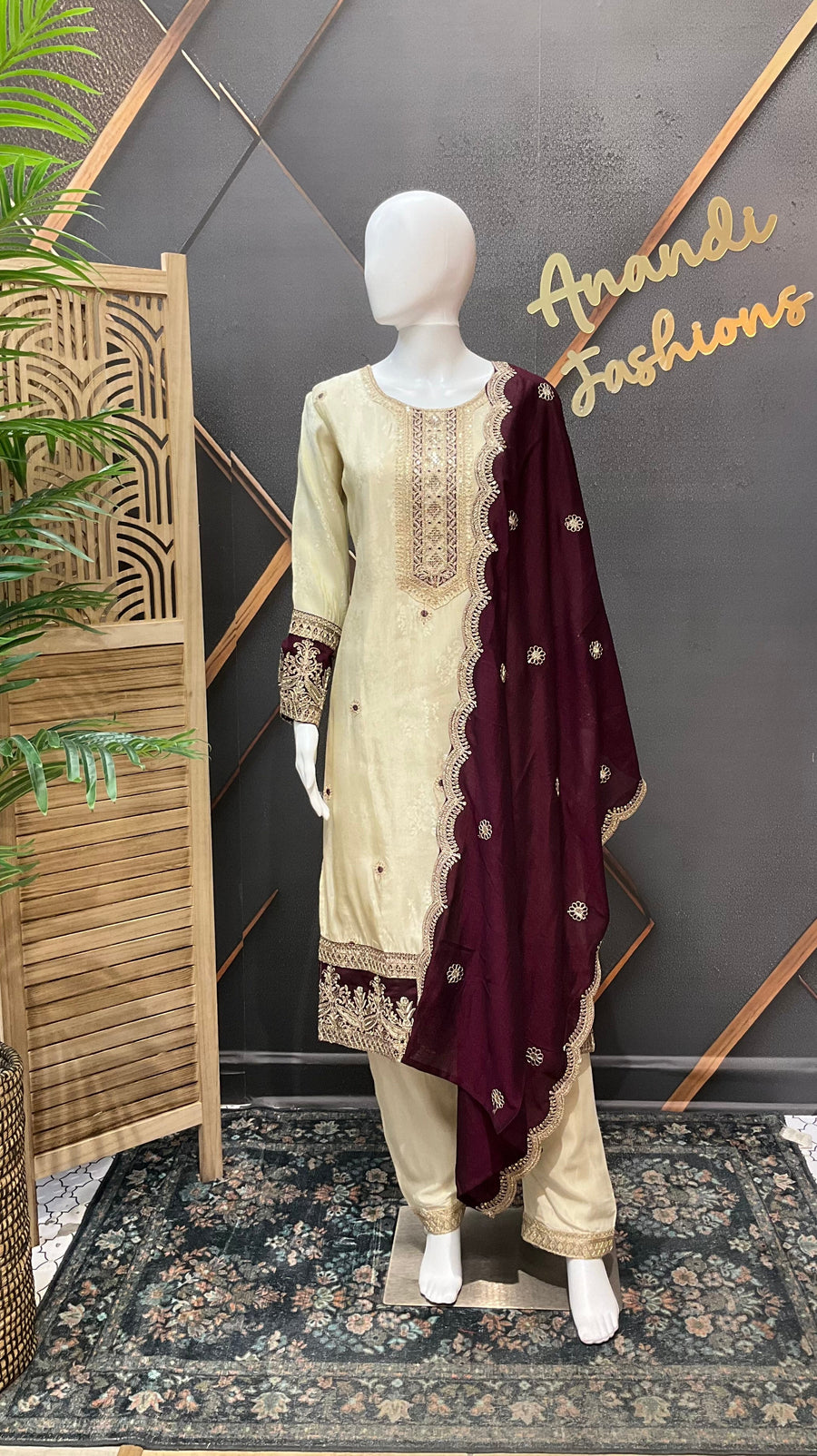 Half White & Wine Benarasi Kurti set