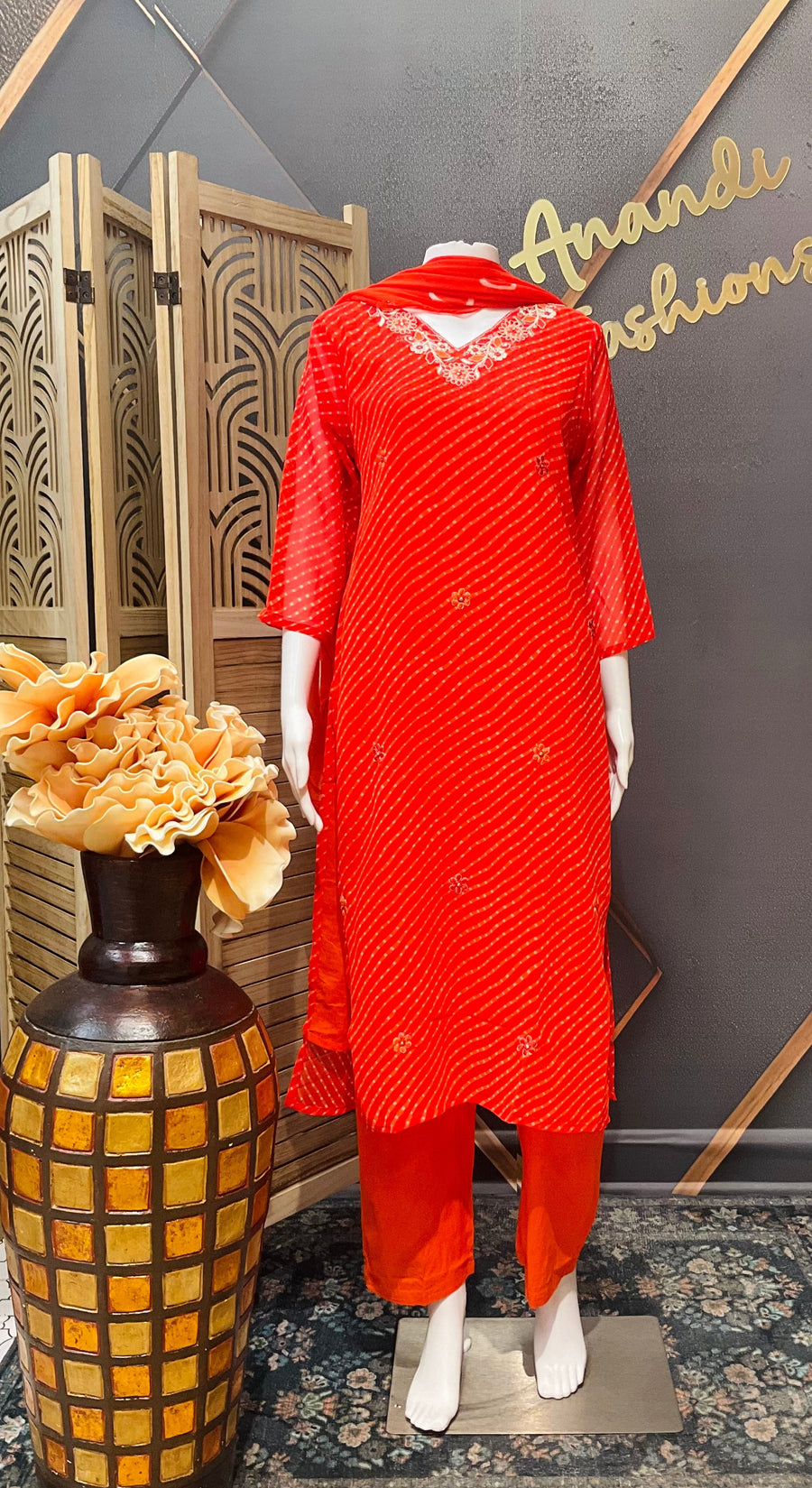 Orange Leheriya Georgette Kurti set