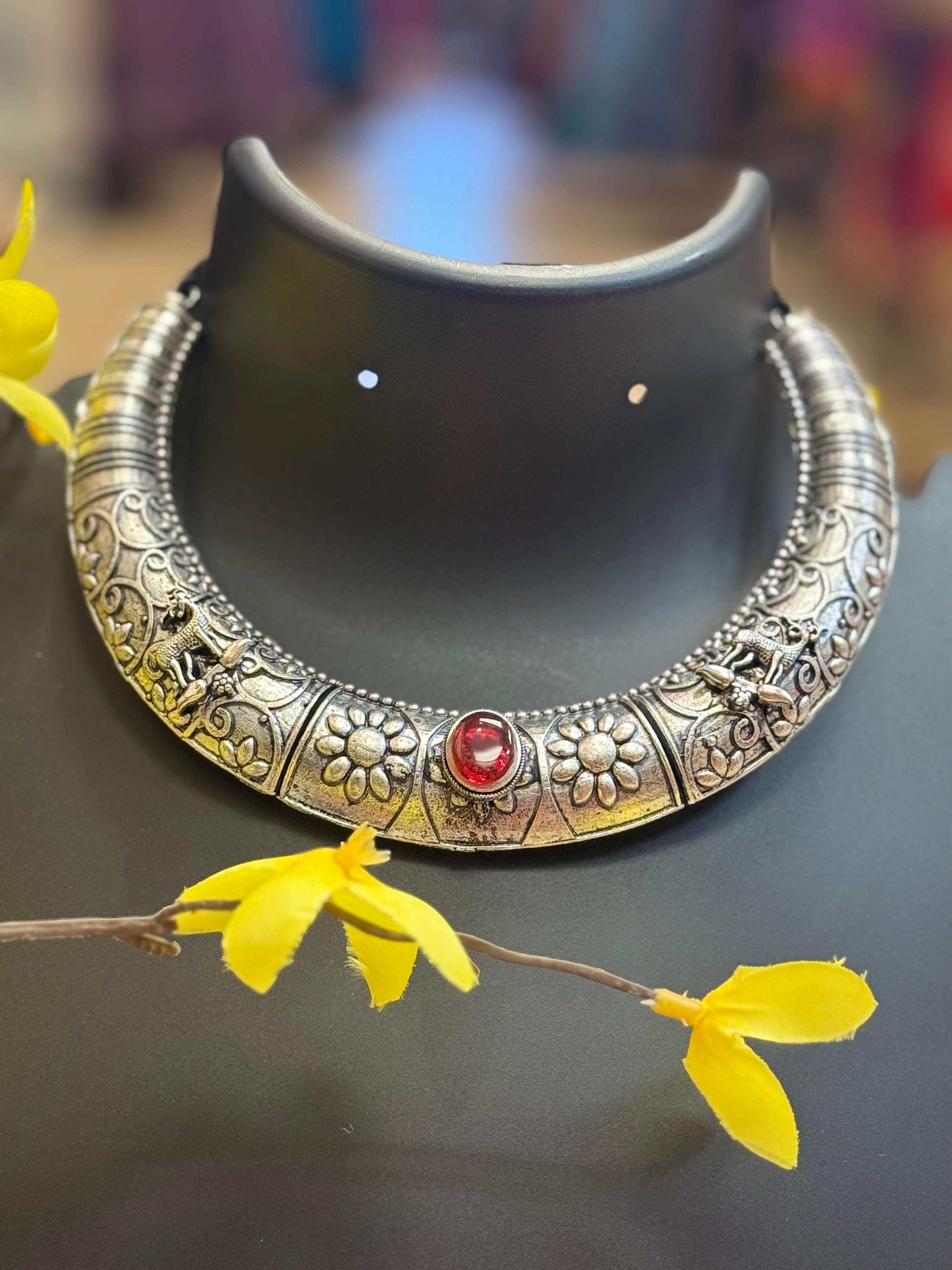 German Silver Necklace with Red Stone