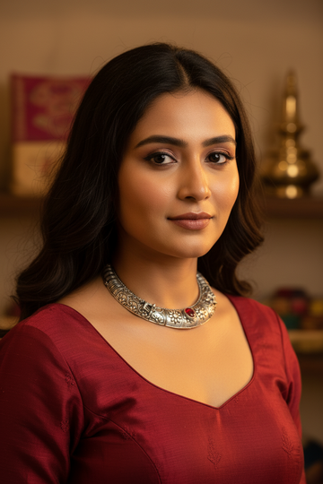 Close-up of woman wearing a maroon Indian ethnic dress and ornate silver necklace with red gemstone at Anandi Fashions