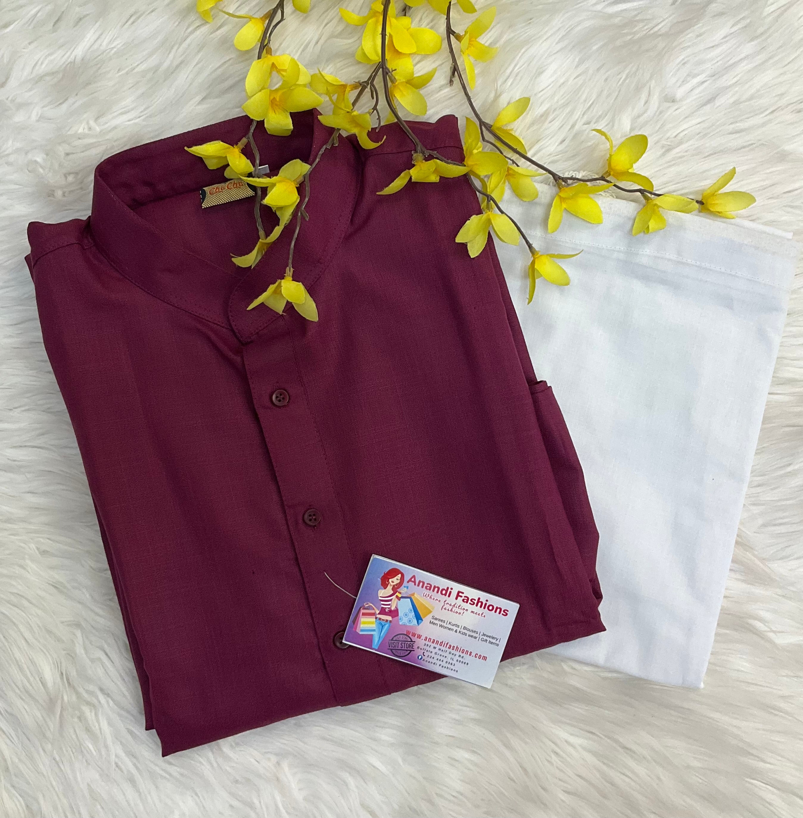 Size 44-Wine color-Pure Cotton Kurta set for men