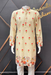 Beige Color Embroidery Work Mens kurta set with Digital Print