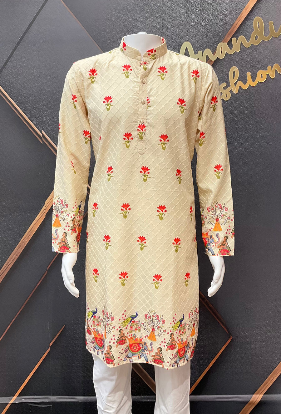 Beige Color Embroidery Work Mens kurta set with Digital Print