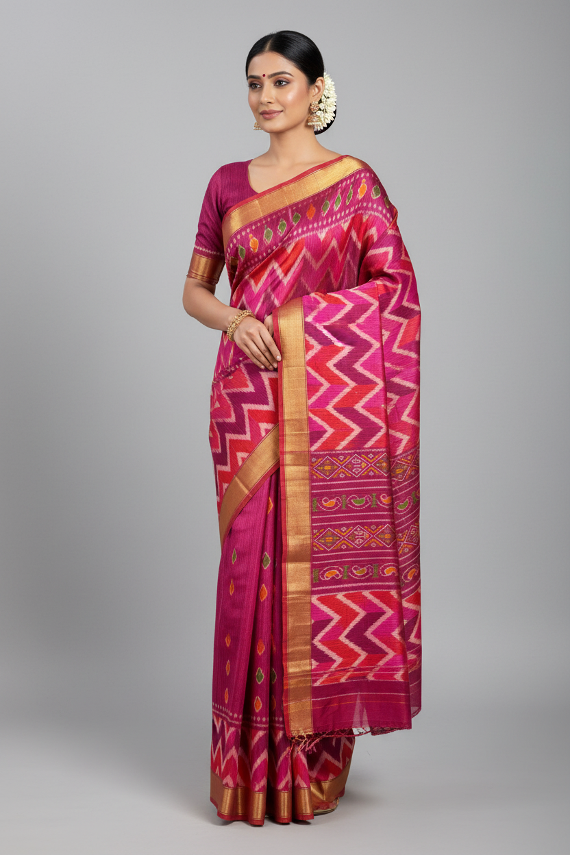 Fancy Silk Multicolor Saree with Gold Border - Soft Lightweight Fabric