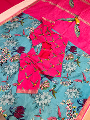Mangalagiri Silk Digital Print Bird Design Saree with Stitched blouse