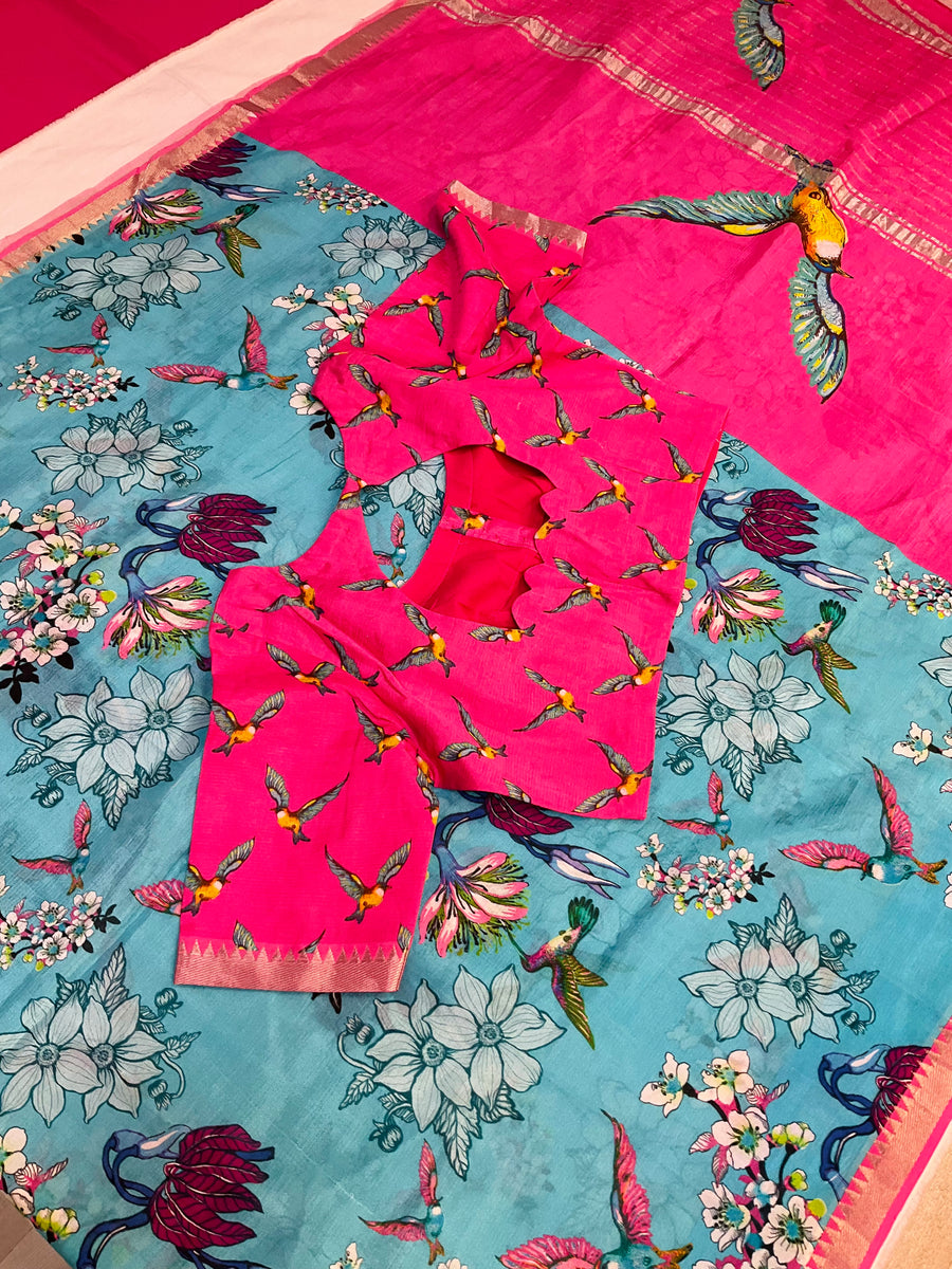 Mangalagiri Silk Digital Print Bird Design Saree with Stitched blouse