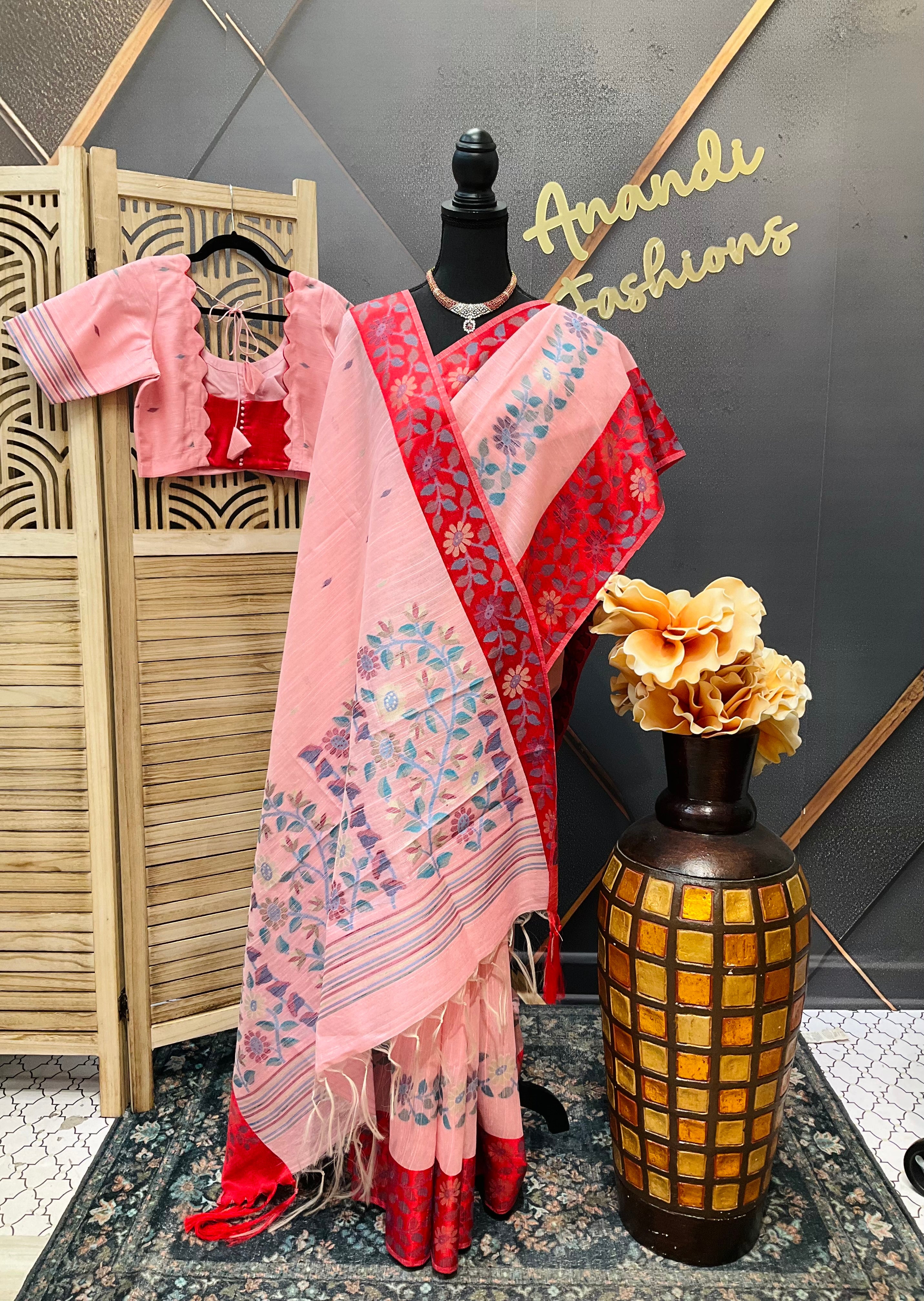 Pink-Lenin Jamdhani Saree with Stitched blouse- fall pico done