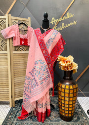 Pink-Lenin Jamdhani Saree with Stitched blouse