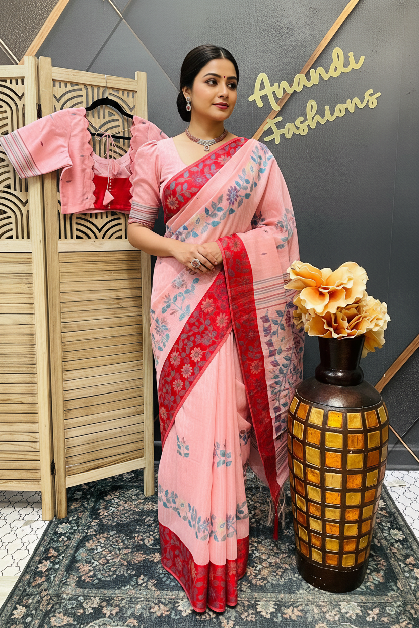 Pink-Lenin Jamdhani Saree with Stitched blouse- fall pico done