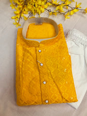 Plus Size Yellow Rayon Chikankari Men’s wear Kurta set