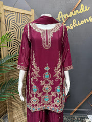 Wine Color Party Wear Palazzo Set Size 40 - Embroidery Work