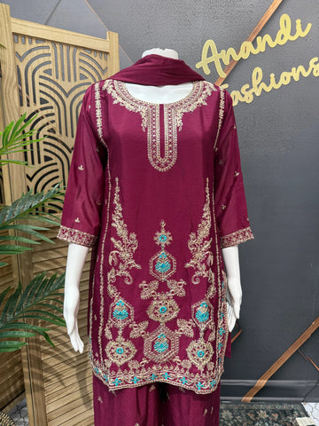 Wine Color Party Wear Palazzo Set Size 40 - Embroidery Work