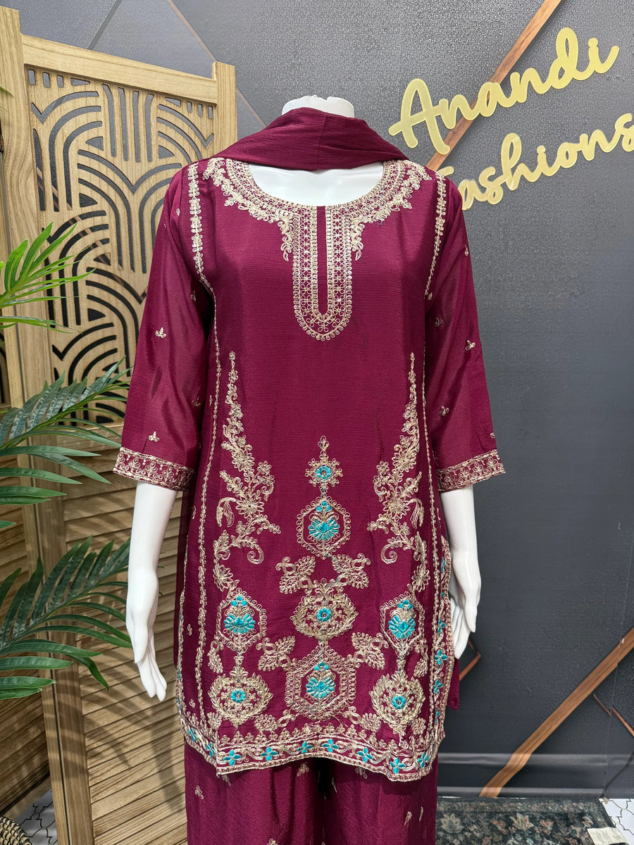 Wine Color Party Wear Palazzo Set Size 40 - Embroidery Work