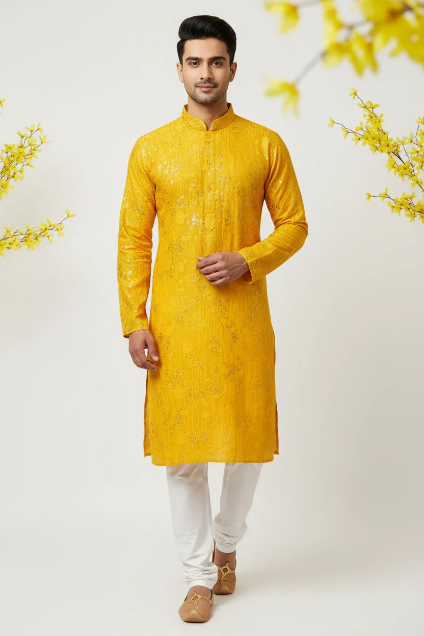 Man wearing yellow embroidered Indian kurta with white churidar and traditional footwear against a white background with yellow floral accents