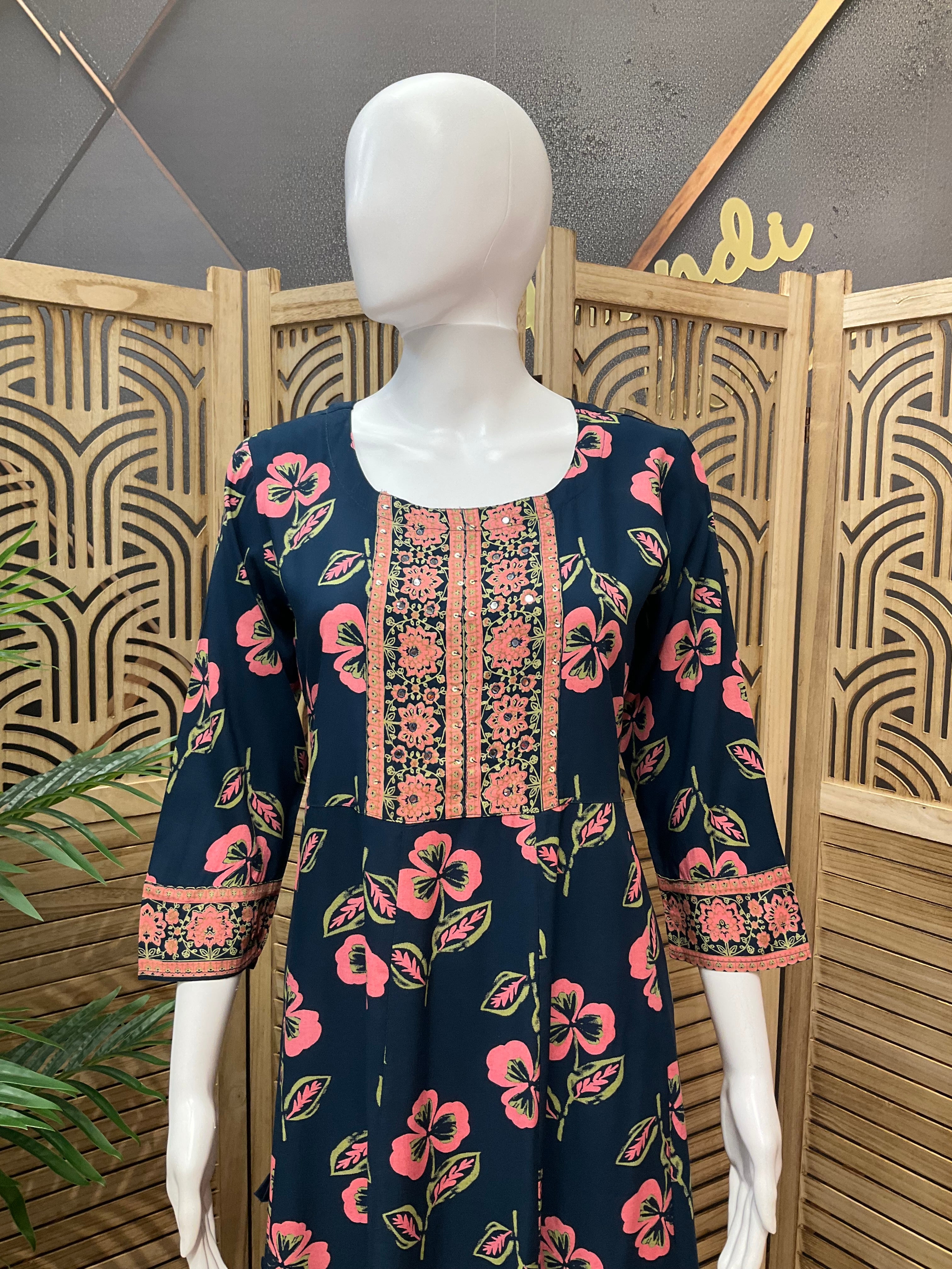 Pure Cotton - Blue long Floral kurti