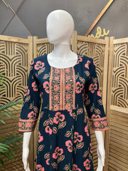 Pure Cotton Blue Long Floral Kurti