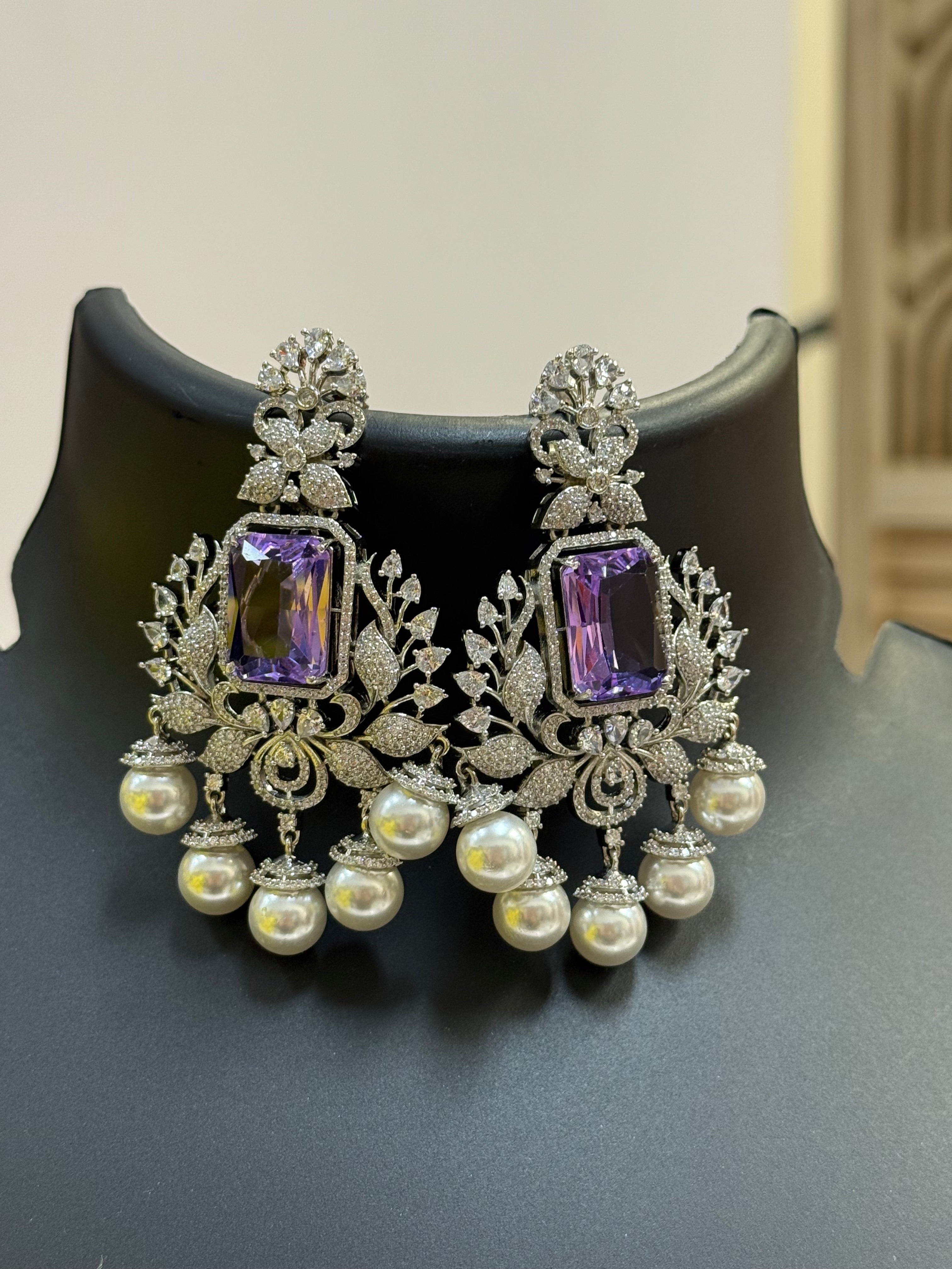 Party Wear Silver Finish Earrings- Purple Stone