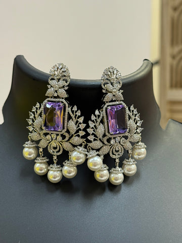 Party Wear Silver Finish Earrings- Purple Stone