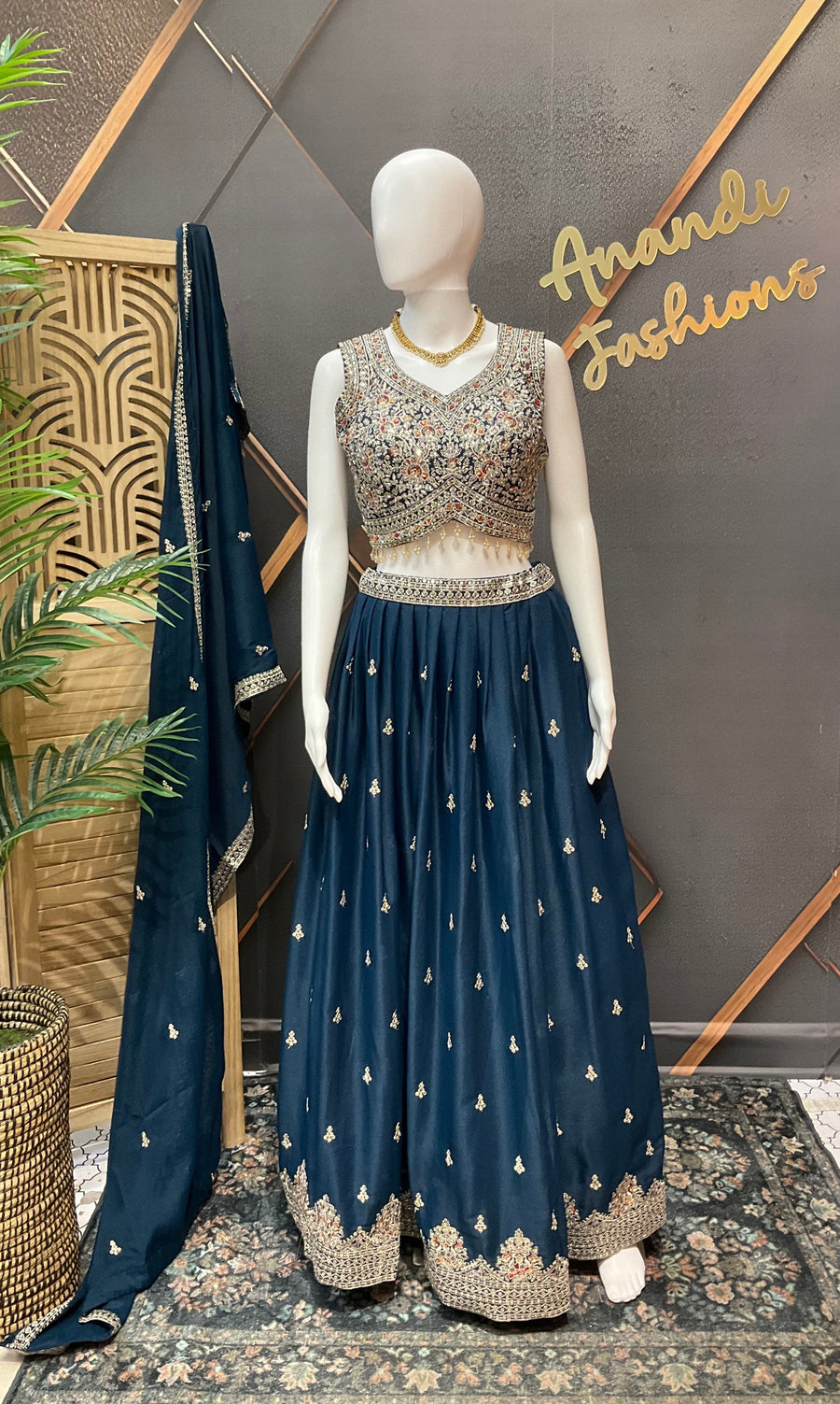 Teal Blue Party Wear Satin Silk Lehanga set