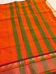 Orange Narayanpet Pure Cotton Saree - Red Border with Elephant Design