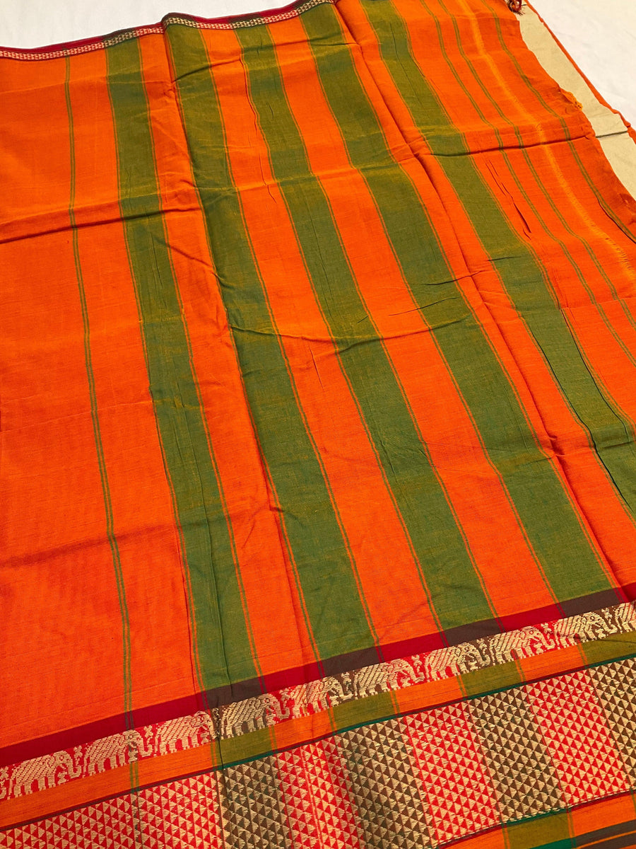 Orange Narayanpet Pure Cotton Saree - Red Border with Elephant Design