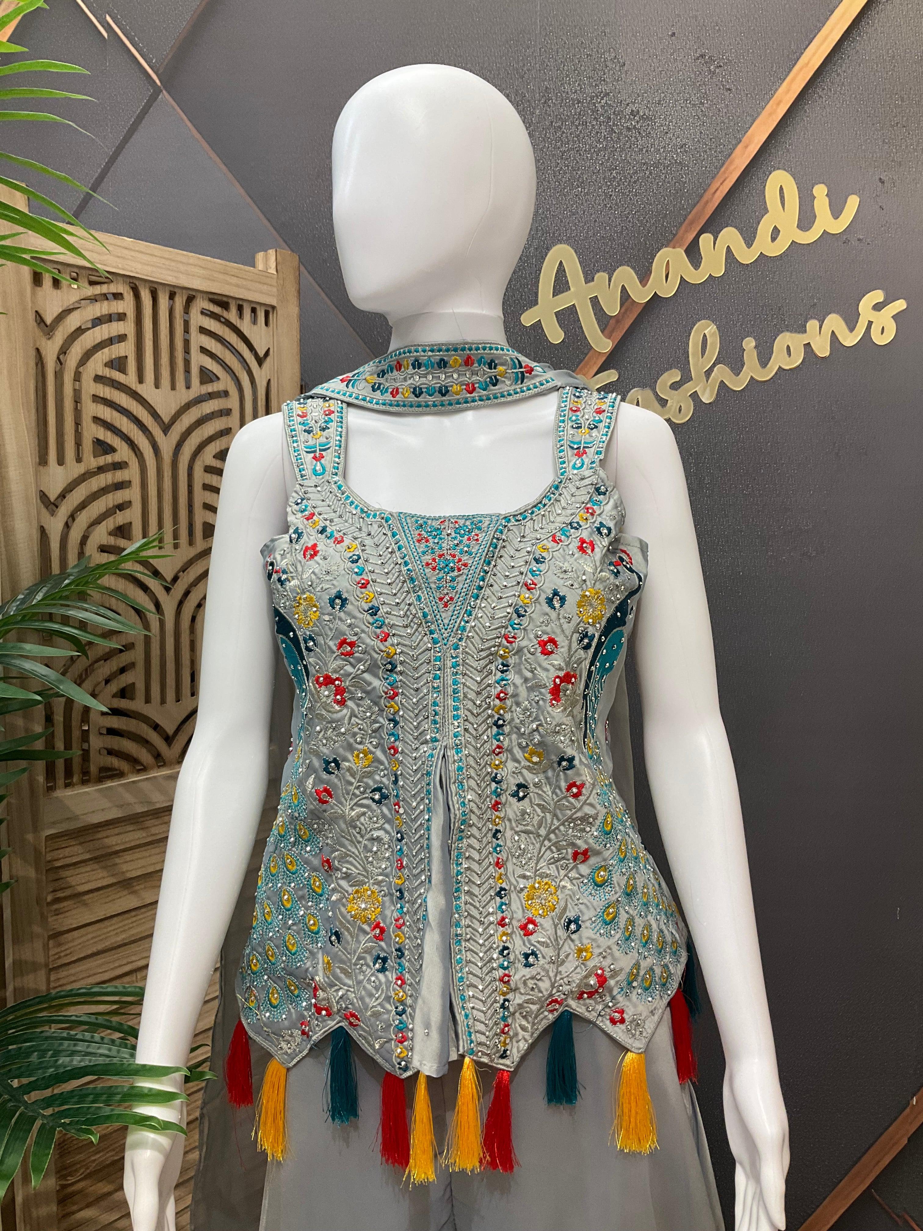 Party Wear Palazzo Set - Peacock Design | Satin Silk