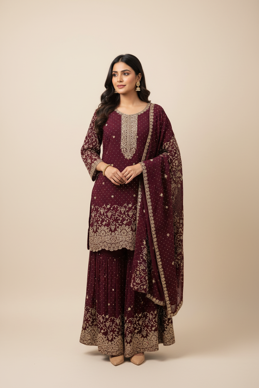 Plus Size Party Wear Wine Sharara set