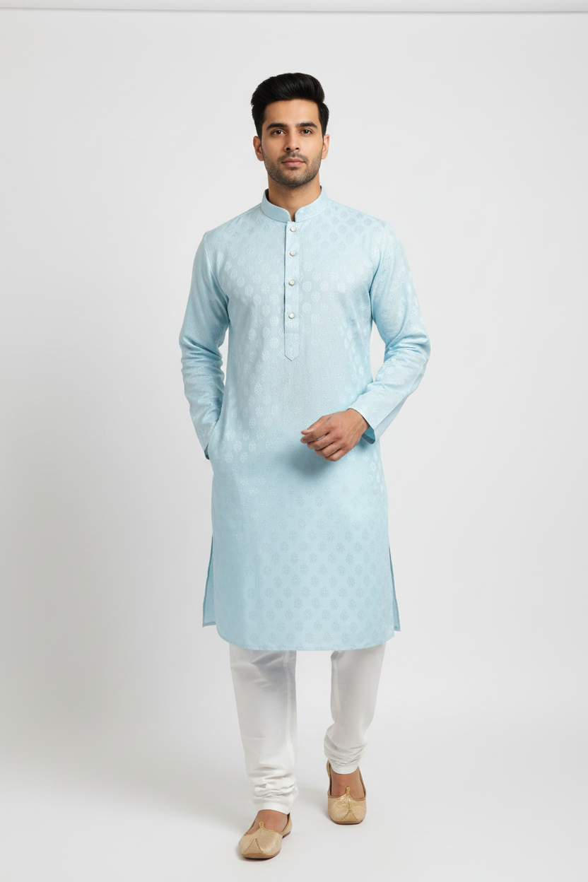 A man modeling a light blue long-sleeve kurta with white trousers and beige shoes, standing against a plain light gray studio background.