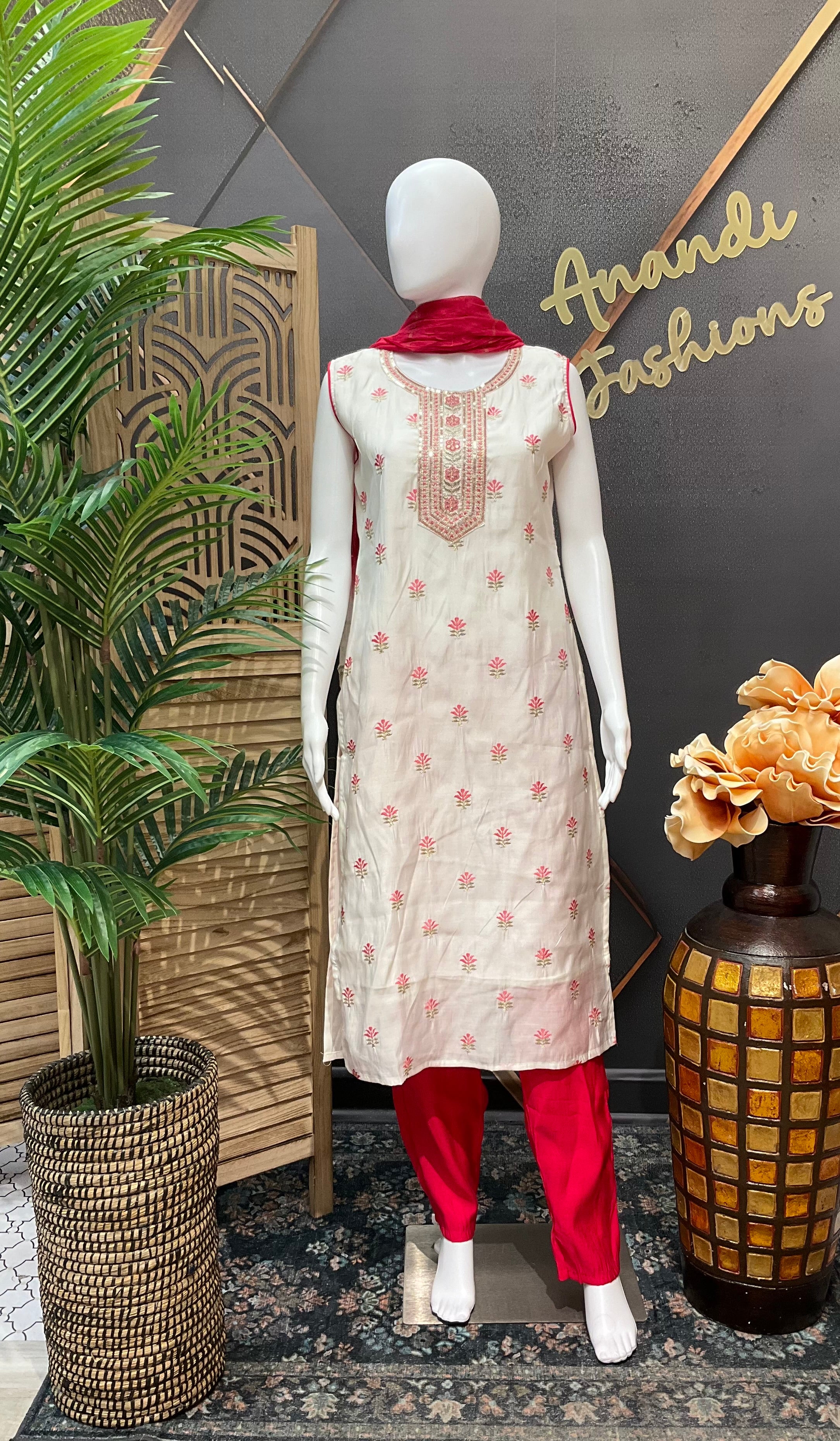 Half white raw silk kurti set