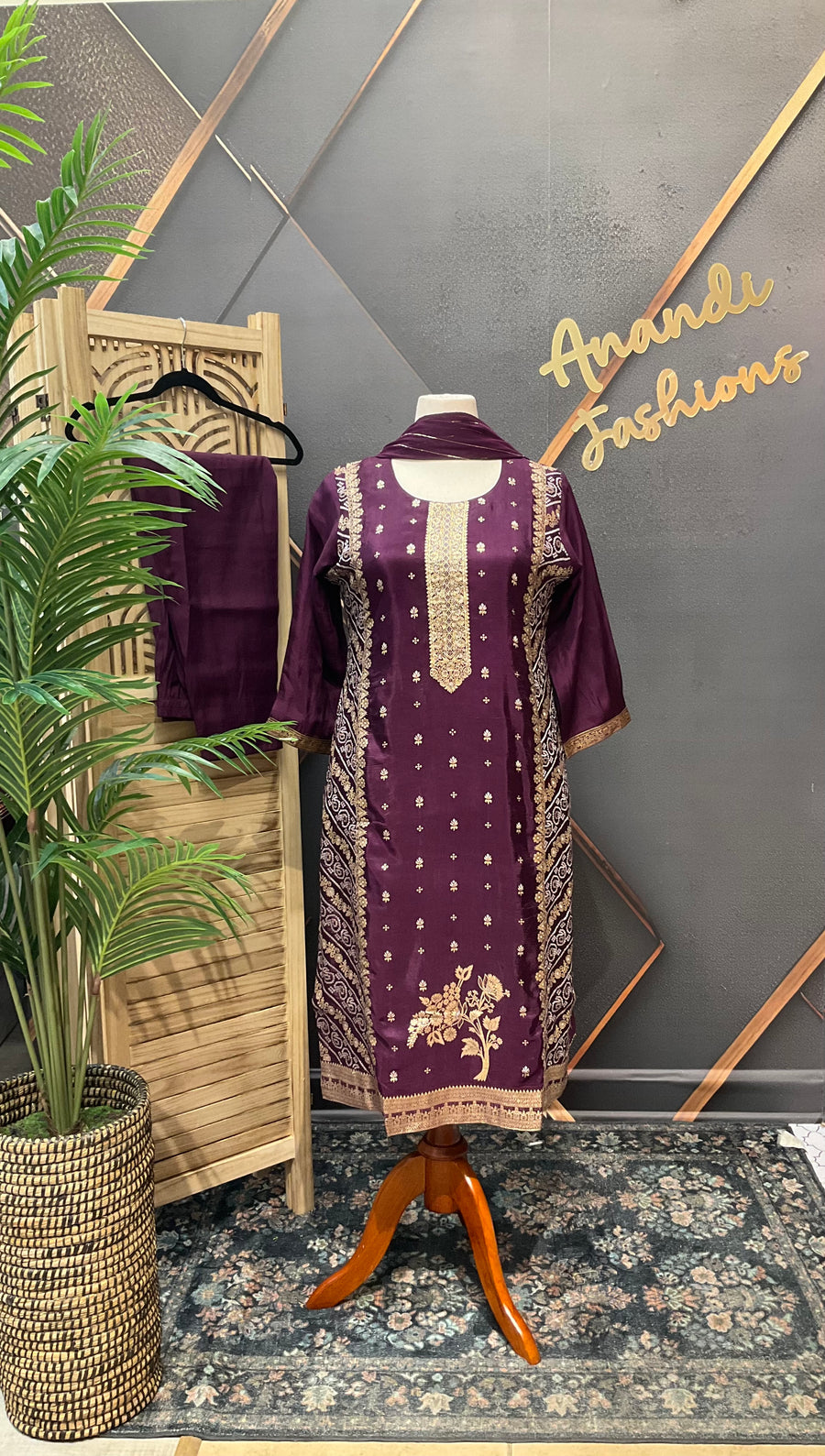 Plus Size Wine color Benarasi kurti set